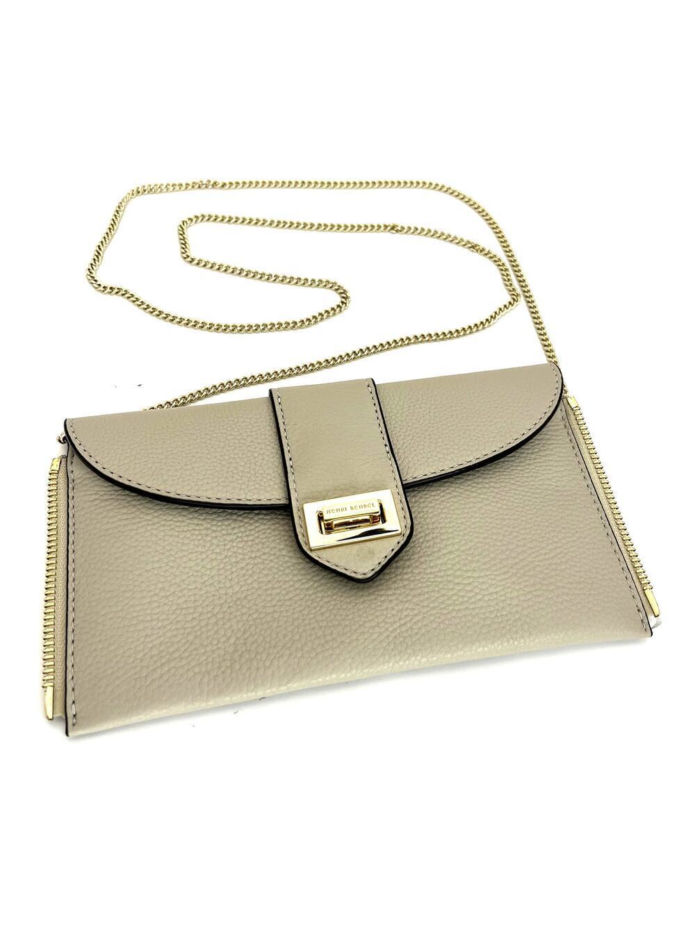 Henri Bendel Mini Rivington Bag Clutch on a Chain Beige Pebbled Leather Gold